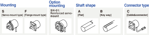 Mounting S[Servo-mount type] F[Flange-mount type] Option mounting SH-01 : Reinforcedservo-mount Shaft shape A[Flat] B[Key way] Connector type C[Cable & connector 1] B[Cable & connector 2] L[connector]