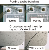 Peeling a wire bonding,Cross-section of the chip capacitor's electrode
