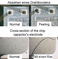 Foto: Abziehen der Drahtverbindung, Querschnitt der Elektrode des Chipkondensators mit einem Riss
