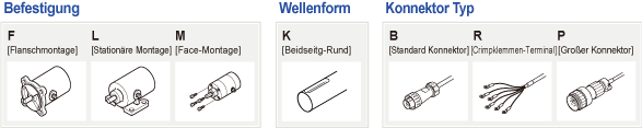 Befestigung: F[Flanschmontage] L[Stationäre Montage] M[Face-Montage],Wellenform : K[Beidseitg-Rund], Konnektor Typ : B[Standard Konnektor] R[Crimpklemmen-Terminal] P[Großer Konnektor] 