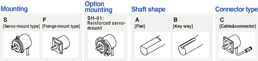 Lắp đặt S [Loại ngàm Servo] F [Loại ngàm mặt bích] Lắp theo tùy chọn SH-01: Gia cố Giá đỡ trục gắn khớp A [Phẳng] B [Mấu chốt] Loại đầu nối C [Cáp & đầu nối 1] B [Cáp & đầu nối 2 ] L [đầu nối]