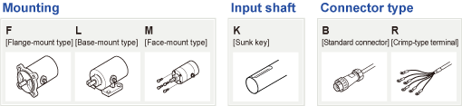 Gắn kết: F [Loại giá đỡ] L [Loại giá đỡ] M [Loại giá đỡ mặt], Trục vào: K [Phím Sunk], Loại đầu nối: B [Đầu nối tiêu chuẩn] R [Đầu nối kiểu uốn] 