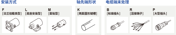 安装方式 : F[法兰挂载类型] L[底座安装型] M[面贴型], 轴先端形状 : K[两面圆形键槽], 电缆端末处理 : B[标准插头] R[压接端子] P[大型插头]